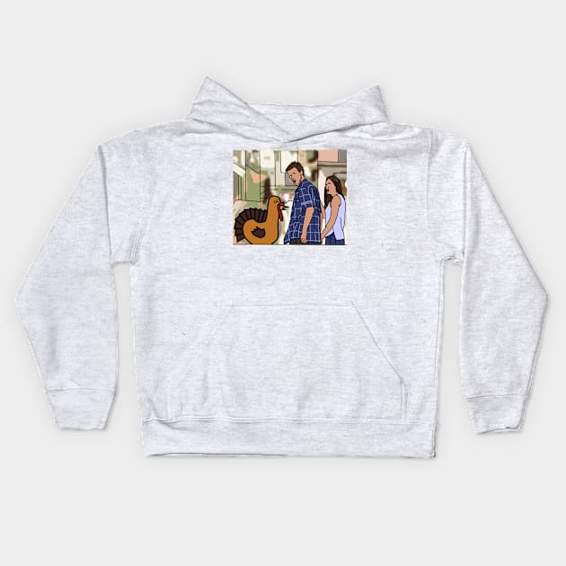 Distracted Boyfriend Meme and Funny Thanksgiving Turkey Kids Hoodie by ellenhenryart